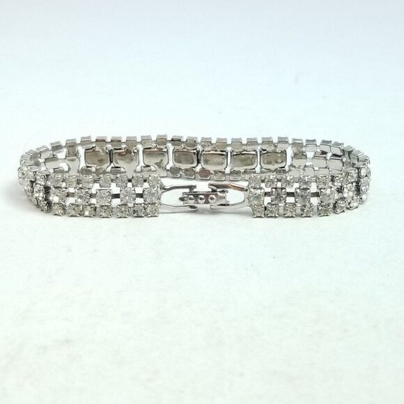 Vintage Rhinestone Bracelet, Rectangle Shape Rhinestones, Retro 50s Sparkle - Picture 2 of 5